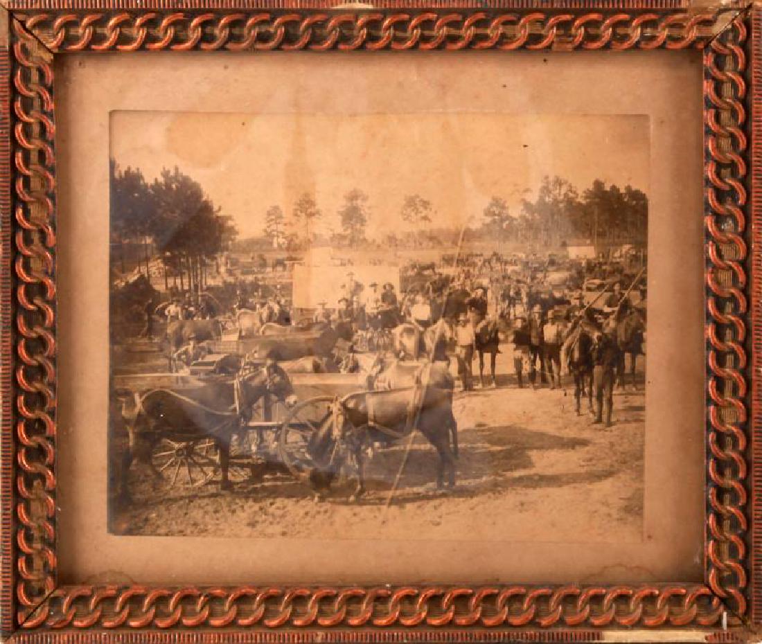 ANTIQUE FRAMED SPANISH AMERICAN CAVALRY PHOTO: Vivid image is of "2nd Brigade, 1st Division, 7th Corps" preparing for battle. Heavy foxing, fading, stains, and overall age wear. Old wooden frame. Wire in back seems to be original, but is broken. M