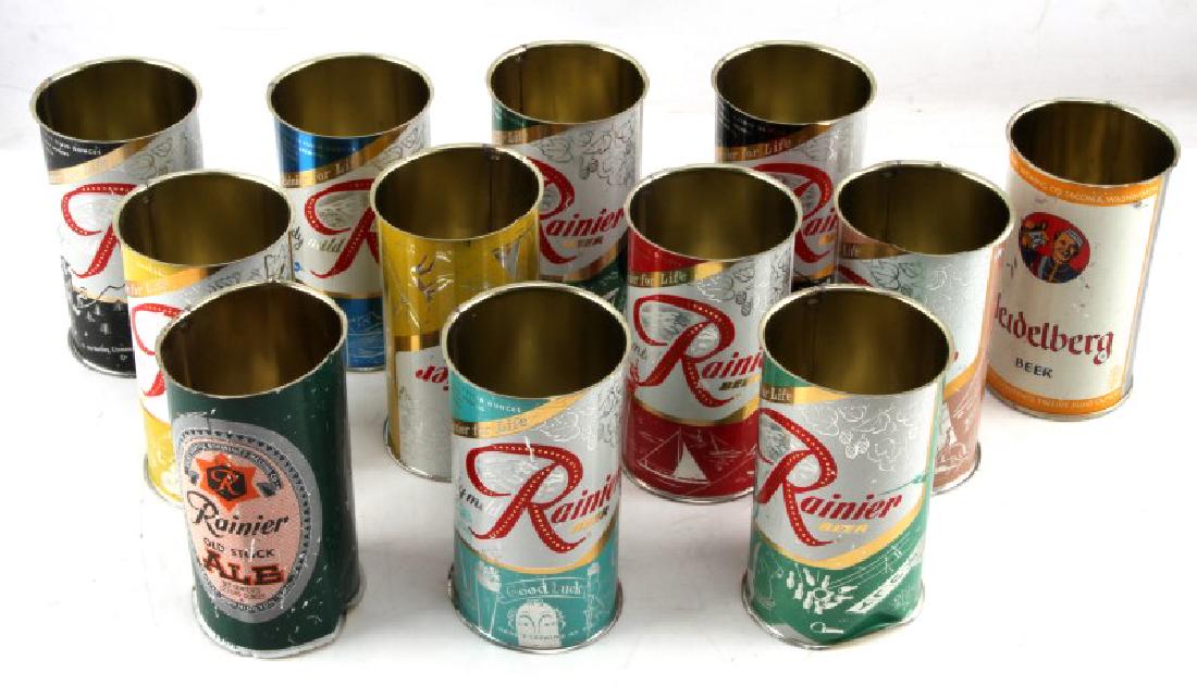 ANTIQUE RANIER BEER CAN LOT OF 12 FLAT TOP: Bottom and tops cut out otherwise very good original, includes 1 Heidelberg.