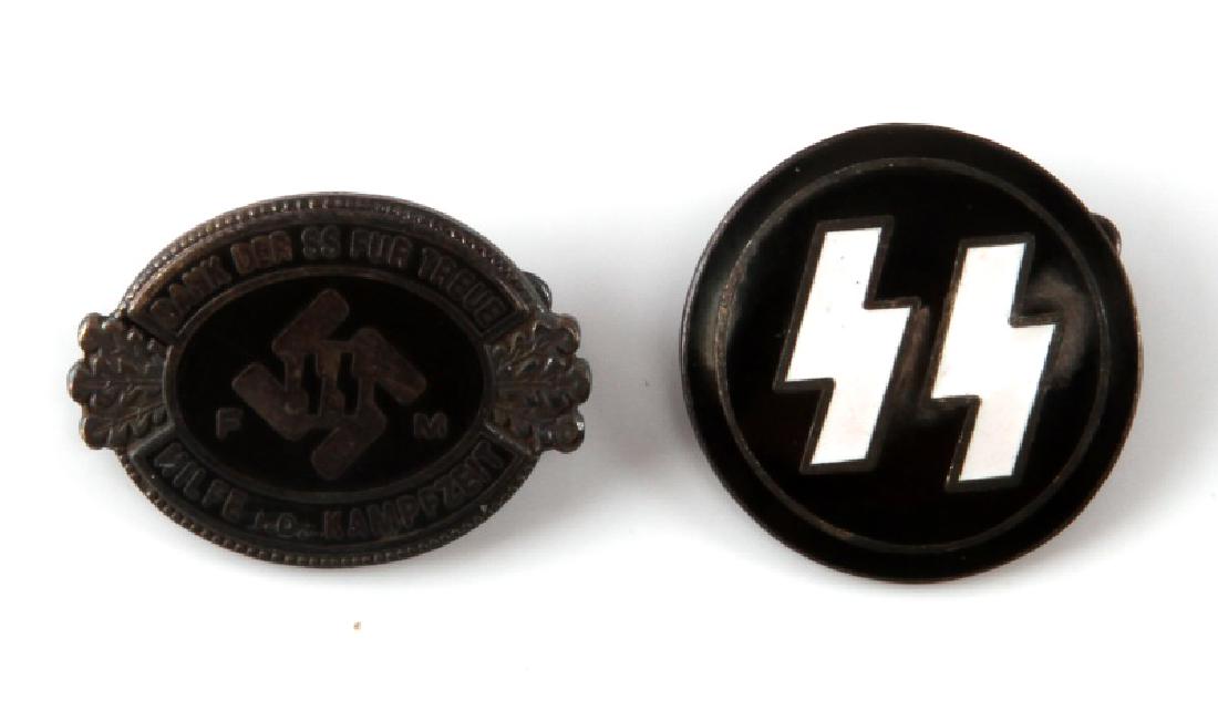 WWII GERMAN THIRD REICH WAFFEN SS LAPEL PARTY PINS: The SS pin is maker marked RZM M1 122 and the SS FM honor badge pin is marked RZM M1/33. Nickel construction with thin horizontal pinback.