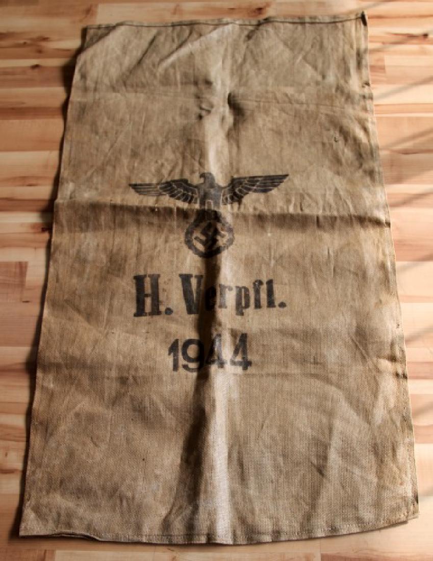 GERMAN WWII BURLAP BREAD OR MAIL SACK 1944: WWII German Nazi burlap sack, front has an eagle with a swastika, back is marked H. Vpfl. 1944, 49 1/4" high x 27" across. VG condition.