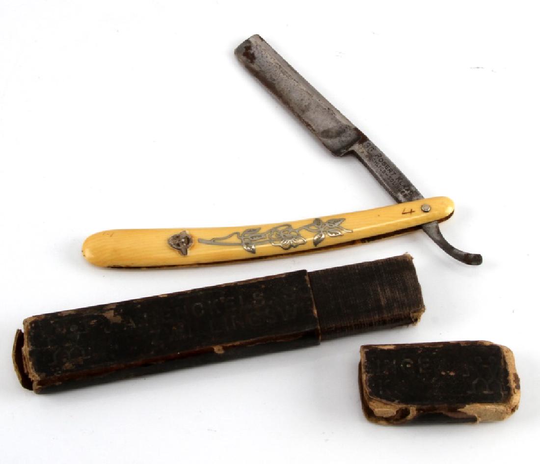 GERMAN WWII LUFTWAFFE STRAIGHT RAZOR SOLINGEN: German WWII straight edge shaving razor of a Luftwaffe pilot. Comes in original "J.A. Henckels, Solingen, Zwillingswerk" case (heavy wear). Blade is marked "Robert Klaas. Dhligs - Solingen" at base. H