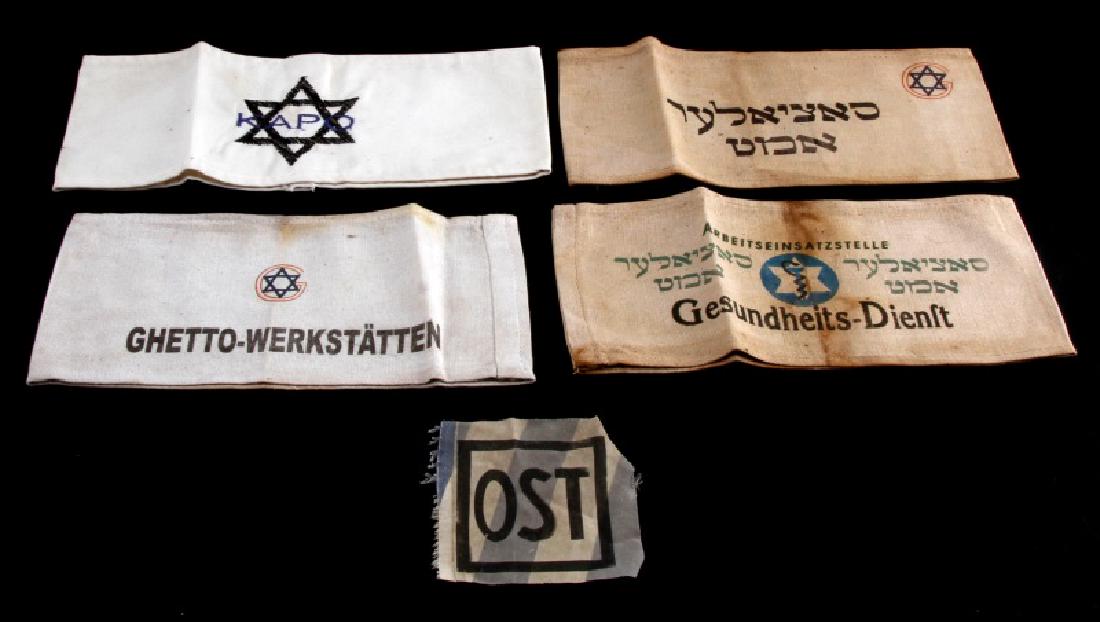 5 GERMAN WWII HOLOCAUST PERIOD ARMBAND LOT: Lot of FIVE (5) includes four full armbands: Jewish doctor, Ghetto workshop, Kapo, and one other, and an "OST" swath from another. Age wear and staining present. Unauthenticated. Sold "as is". This lo