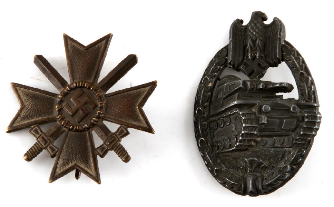 WWII GERMAN PANZER ASSAULT BADGE & WAR MERIT CROSS: Very good condition, the Merit cross has nicely patinated stout pin from wear on tunic.