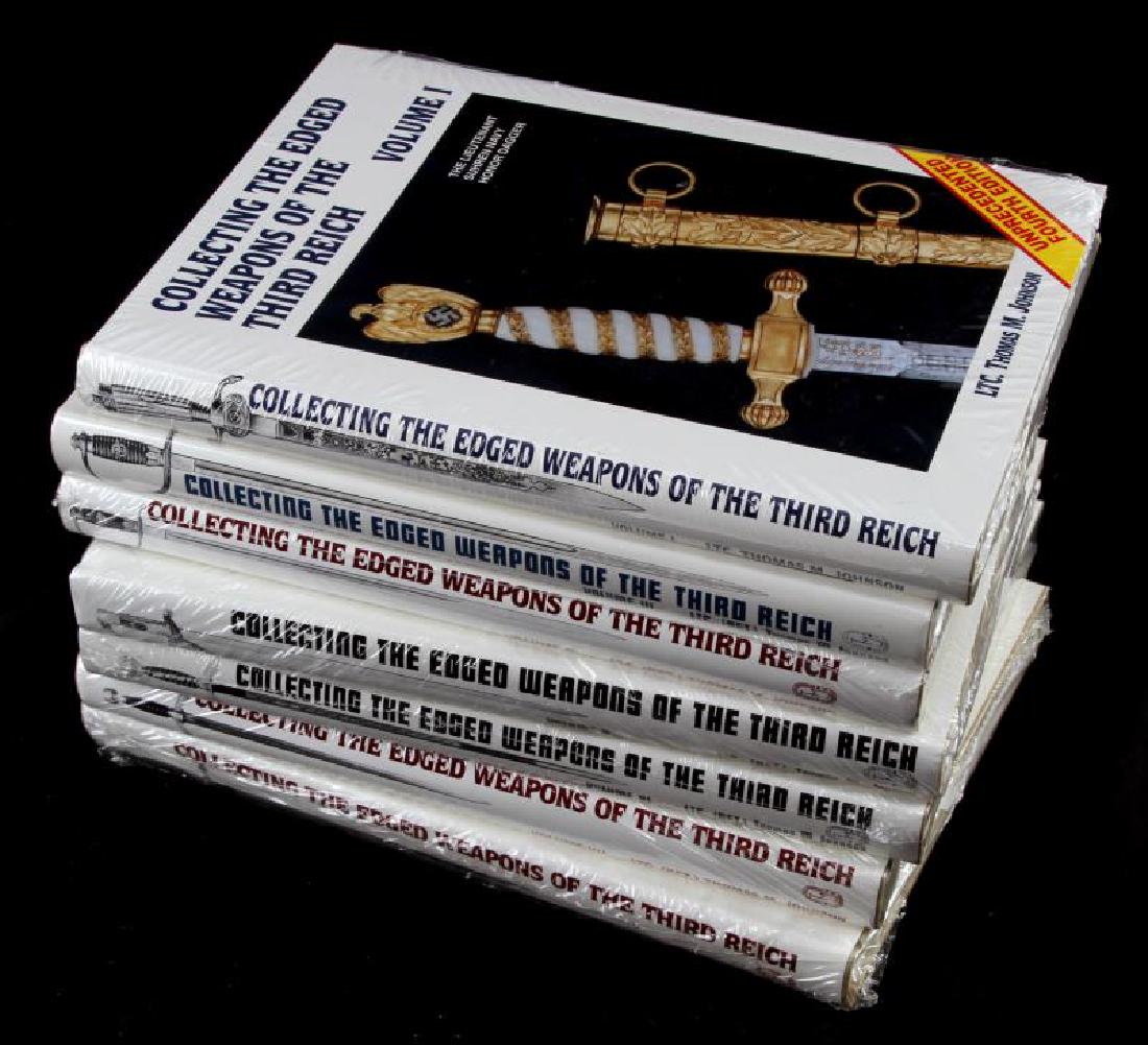 WWII THIRD REICH EDGED WEAPONS COLLECTING BOOK SET: Full set of 'Collecting the Edged Weapons of the Third Reich' by LTC. Thomas M. Johnson, except for the out-of-print Volume II. New condition, in shrink wrap. This lot has a reserve.