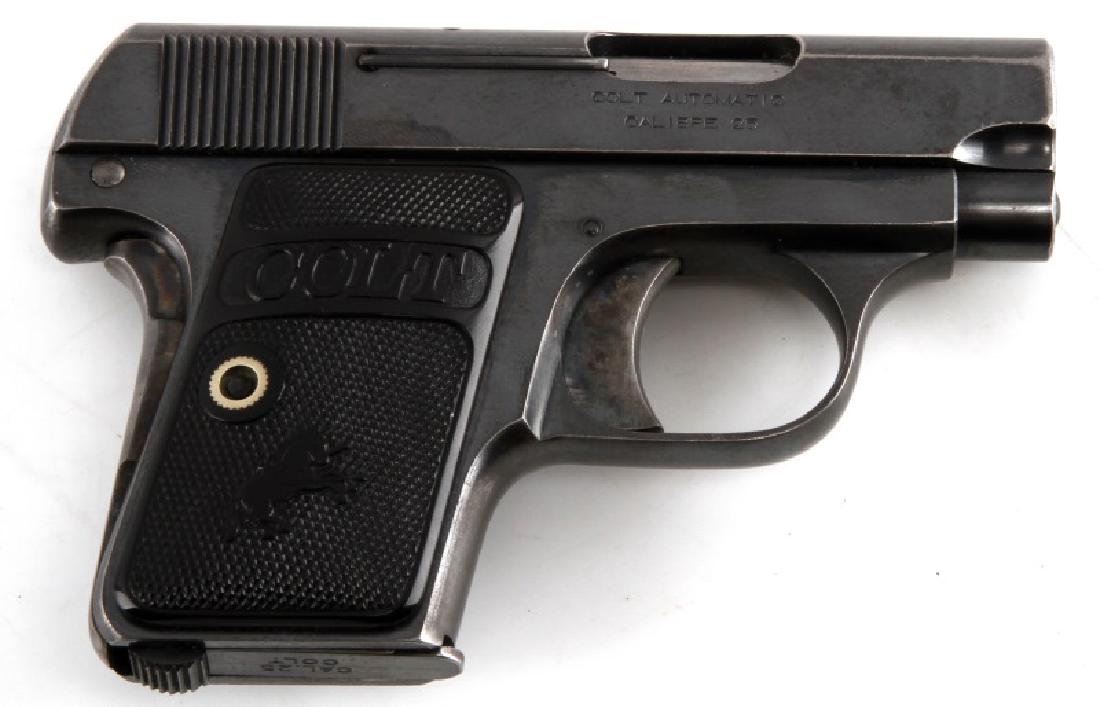 COLT 1908 VEST POCKET SEMI AUTO PISTOL .25 CALIBER: 1915 manufacture. Blued steel with 75% remaining, Colt bakelite grips, 2 inch barrel with bright clean bore, two-line maker and patent date markings to left side of slide with Jan. 25 1910 being the l