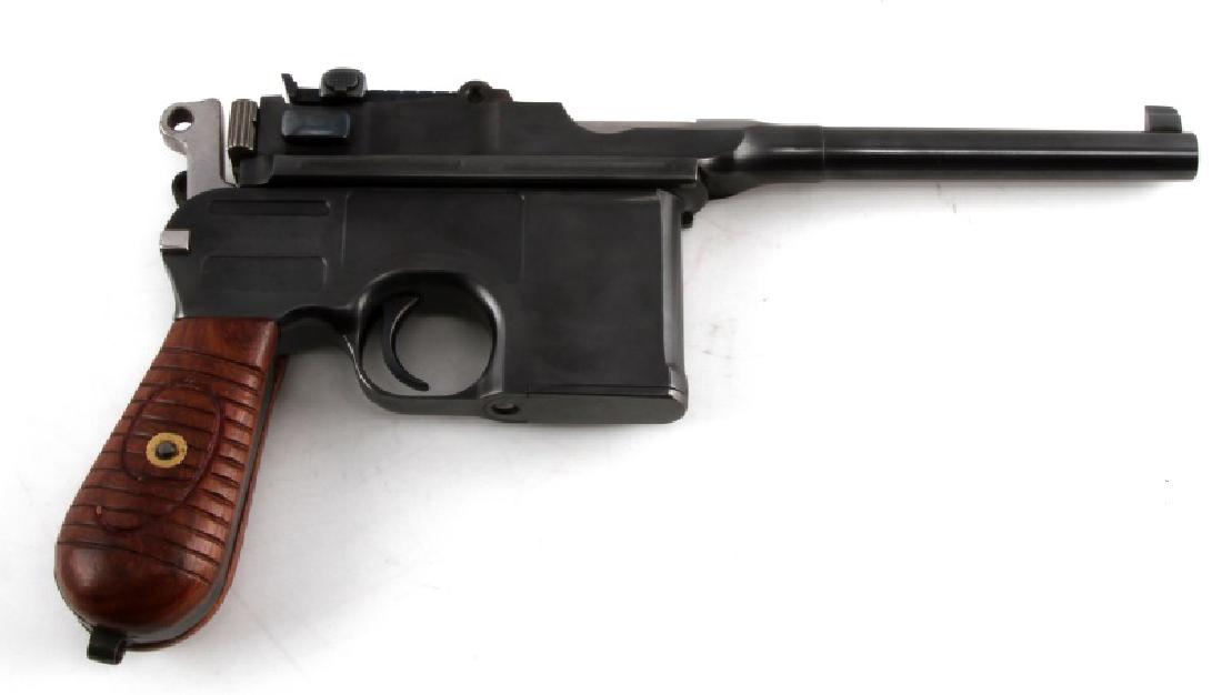 MAUSER C96 RED 9 SEMI AUTO PISTOL 9MM BROOMHANDLE: Pistol has been restored. Refinished bluing is excellent, crown over U mark to left barrel flat and top of bolt, serial no. 823539 to left side frame, Mauser in box on left, maker marked to top barrel