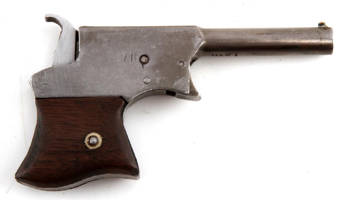 REMINGTON SAW HANDLE VEST POCKET .22 RF PISTOL: Serial no. 1270 to underside barrel, 3.25 inch barrel with fair dark bore, wood grips, scratches and wear to frame, overall good condition. Overall length is just over 4 inches. Caliber: .22 RF Serial