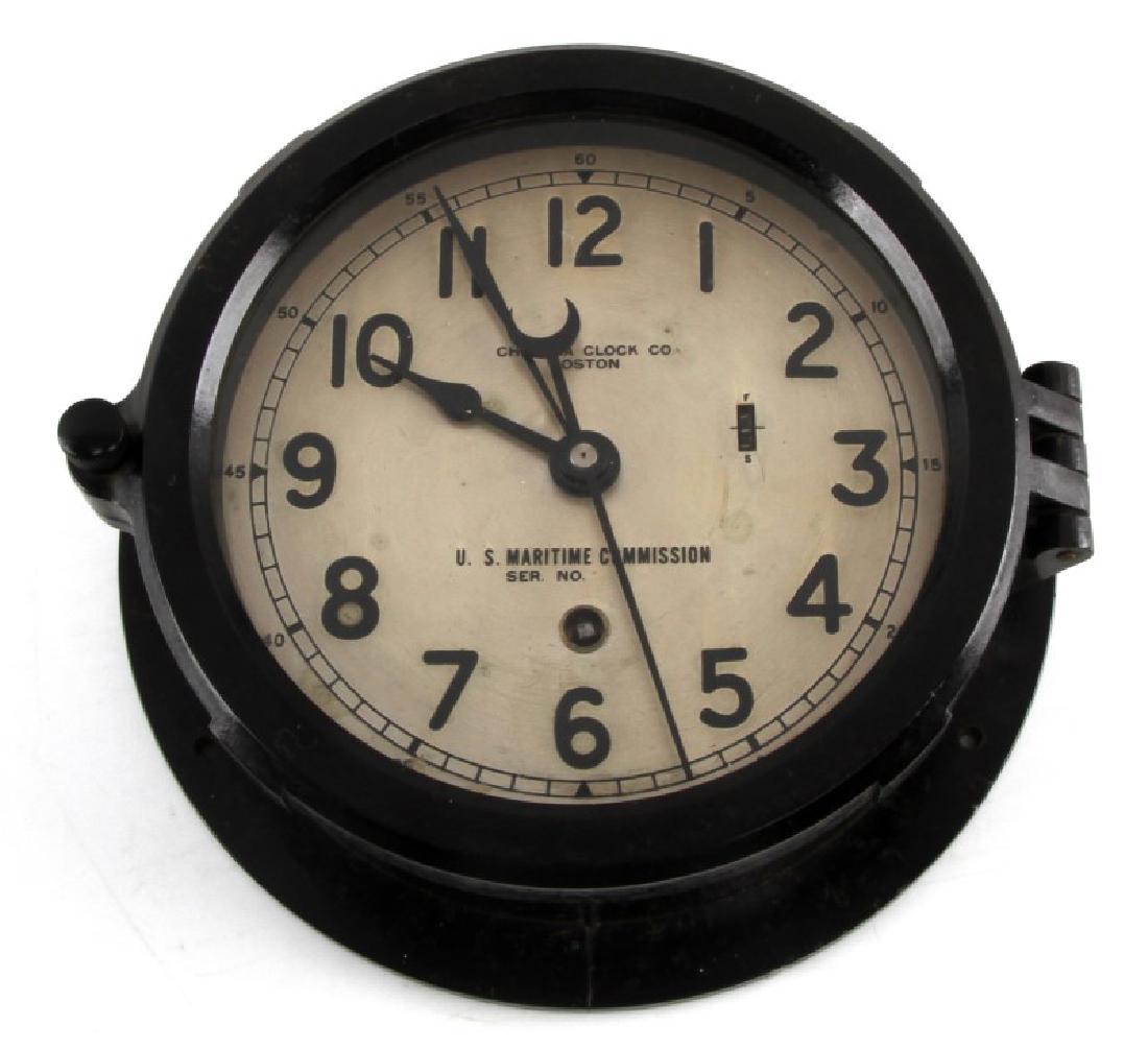 WWII US NAVY CHELSEA CLOCK US MARITIME SERIES: Chelsea Clock Co. wall mount marine mechanical clock previously installed on Victory Ships built by the U.S. Maritime Commission during World War II. Authentic military timepieces, produced for the U.