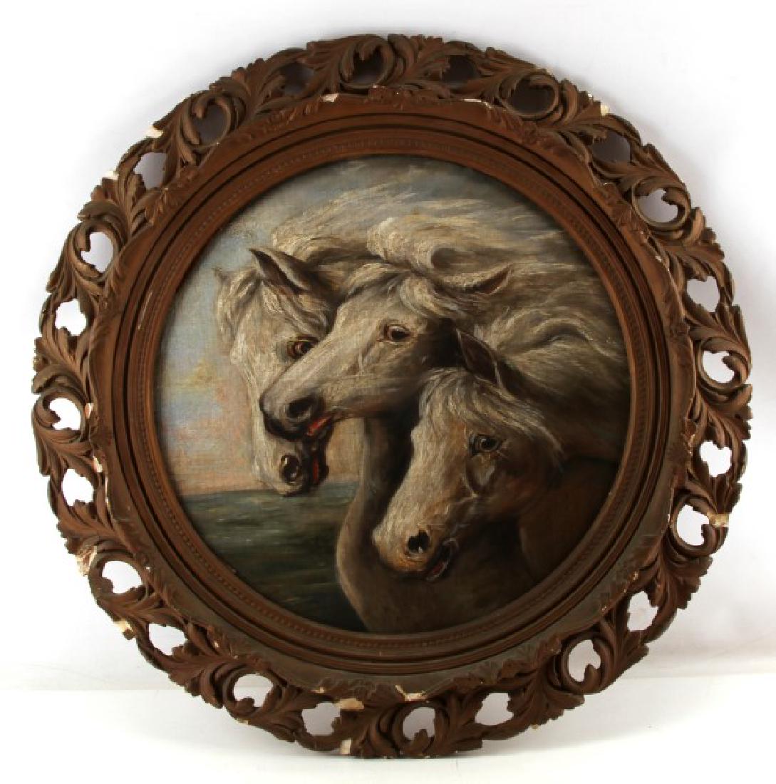 UNSIGNED OIL PAINTING AFTER THE PHAROAHS HORSES: Oil on canvas, attached to board, study of "The Three Pharaoh's Horses as they passed through The Red Sea" By John Frederick Herring Sr. circa 1846. This painting is most likely early 20th century. It