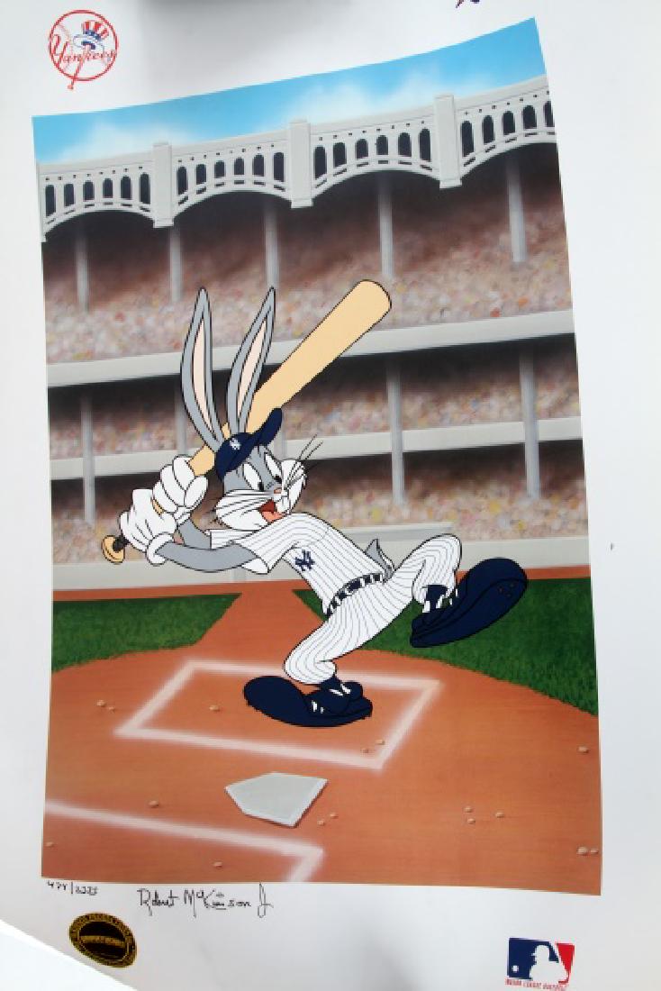 LOONEY TUNES NY YANKEES MCKIMSON SIGNED LITHO: Limited Edition (#474/2375) Bugs Bunny "New York Yankees/World Series 1998" embossed lithograph hand signed & numbered by Robert McKimson Jr., son of the late Robert McKimson, legendary animator, illu