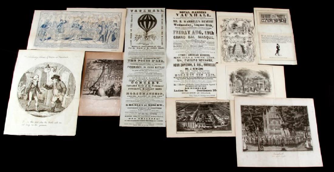 GEORGIAN VICTORIAN PERIOD CRUIKSHANK ETCHINGS: Various 18th and 19th century British etchings and advertisements featuring historic Vauxhall including A Country Farmer and Waiter at Vauxhall by Woodward and Cruikshank dated 1796, plate 15, pg.35 p