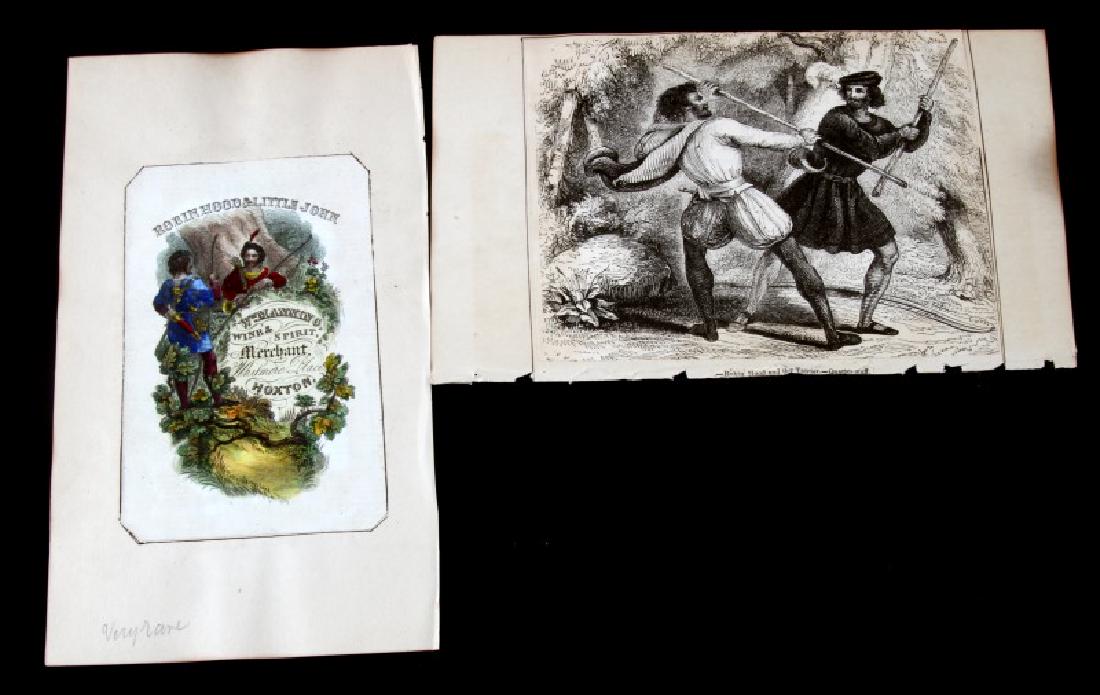 18TH CENTURY ROBIN HOOD COLOR ADVERTISING ETCHING: Lot of 2 : Early hand painted Robin Hood and Little John Etching for Wm. Manning Wine & Spirit Merchant Whitmore Place Hoxton by Potter Kingsland in very good condition 11.5x7.5 cm. Also an antique Et