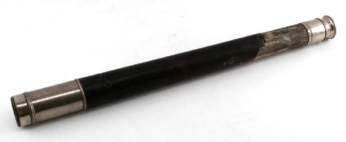 ANTIQUE SINGLE DRAW WHALING TELESCOPE W LEATHER: Antique single Draw Whaling Telescope complete with original brass lens cover and a single draw telescopic shaft which extends the length of the item from 22 inches long closed to 29 inches long total