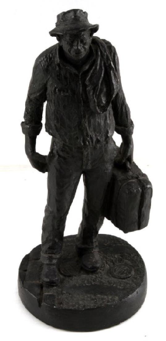 TRAVELER COMPOSITE SCULPTURE BY MICHAEL GARMAN: "Traveler" Composite Sculpture by Michael Garman c.1970. Dimensions 6"W × 4"D × 13"H. In good condition with some minor chipping on reverse of suitcase.