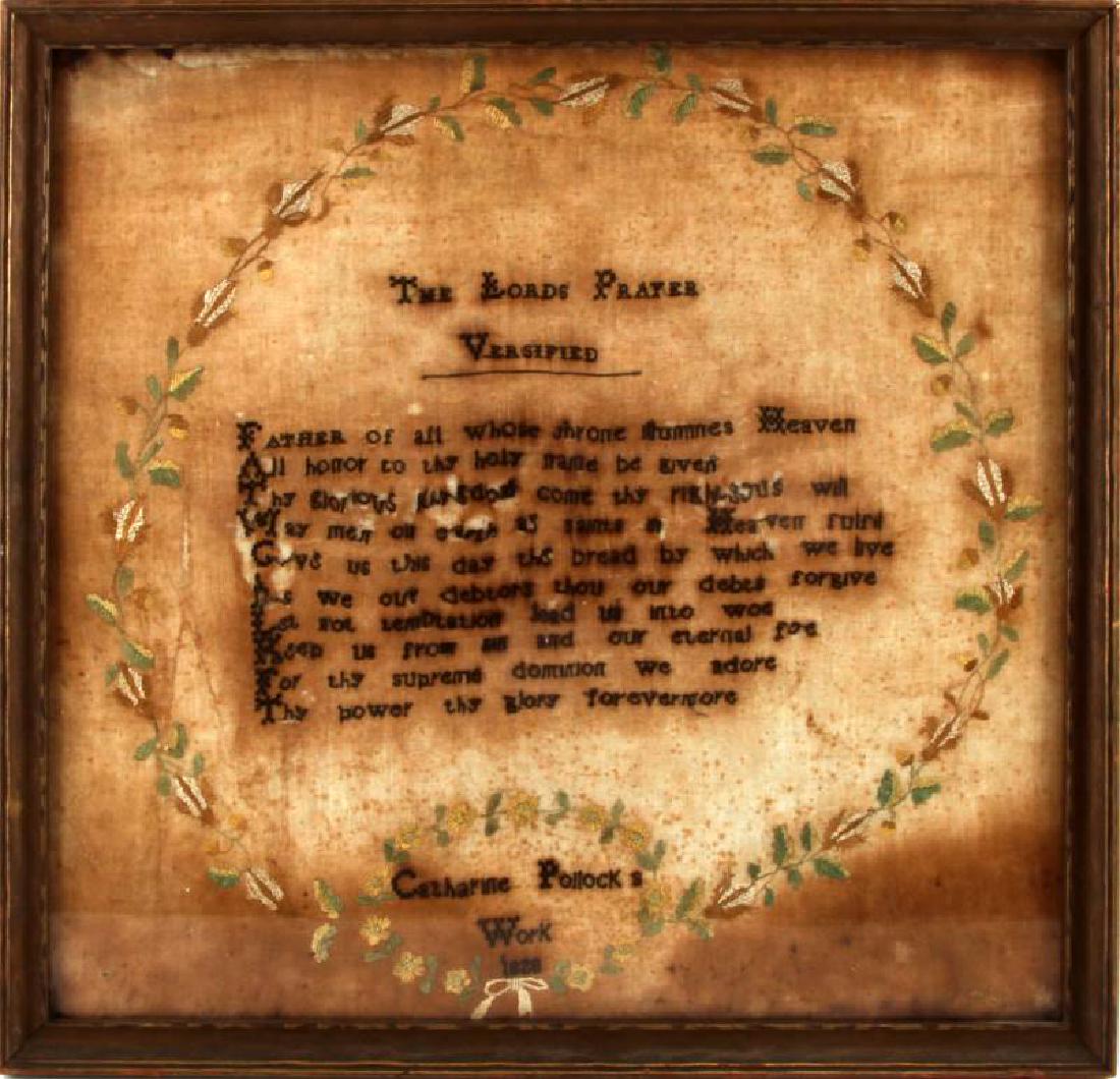 1820 NEEDLEPOINT EMBROIDERY THE LORDS PRAYER: 1820 The Lord's Prayer Versified needlepoint by Catharine Pollock. Framed and measuring 17 by 17 inches. Despite some loss of fabric and pulling of letters in the 3rd and 4th lines it remains very leg