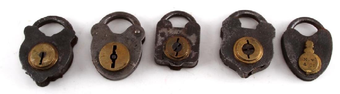 5 CIVIL WAR ERA CAST IRON RAILROAD PADLOCK LOT C&S: Lot of FIVE (5) antique padlocks. Two are marked "C&S", one is marked "M.W. & Co.', the rest have no markings. All in very good condition with expected age wear. No keys. Locks untested. Sizes range a
