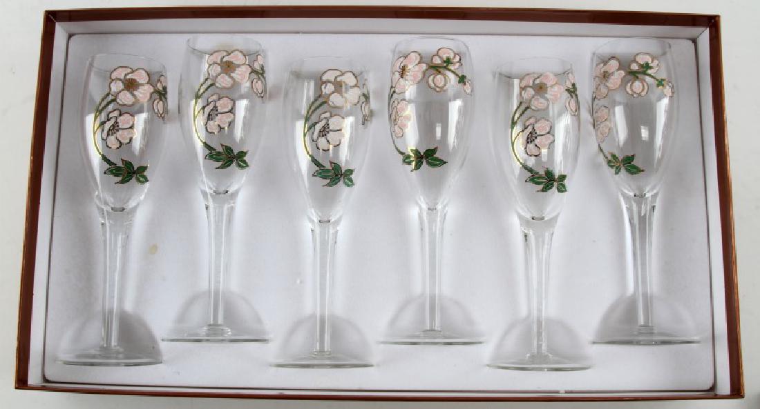 VINTAGE FRENCH PERRIER JOUET CHAMPAGNE FLUTE W BOX: Six hand painted 1970's French Champagne flutes by Perrier Jouet in the original box. Box measures 9.5x17x3 inches and has storage tape remaining on 4 areas of the lid.