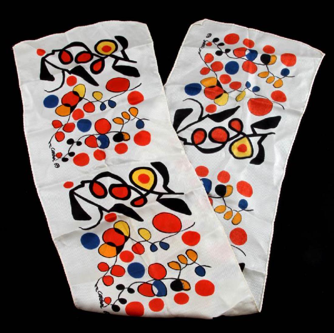 ALEXANDER CALDER SPRING FESTIVAL 69 SILK SCARF: Vintage art scarf. Measurements are 7 1/2 by 34 inches in good condition with 2 small stains.