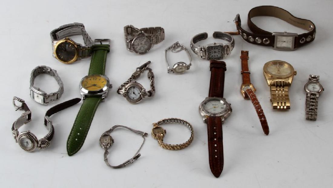 LOT OF 15 MENS AND WOMENS WATCHES NON-RUNNING: Lot of 15 mixed men's and women's watches. All are non-running but complete. Includes brands such as Addidas, Citizen, DMQ, Joan Rivers, Holland, Brigton, Chicos, Anne Klein, Benrl, Cannes, Edison, Ed