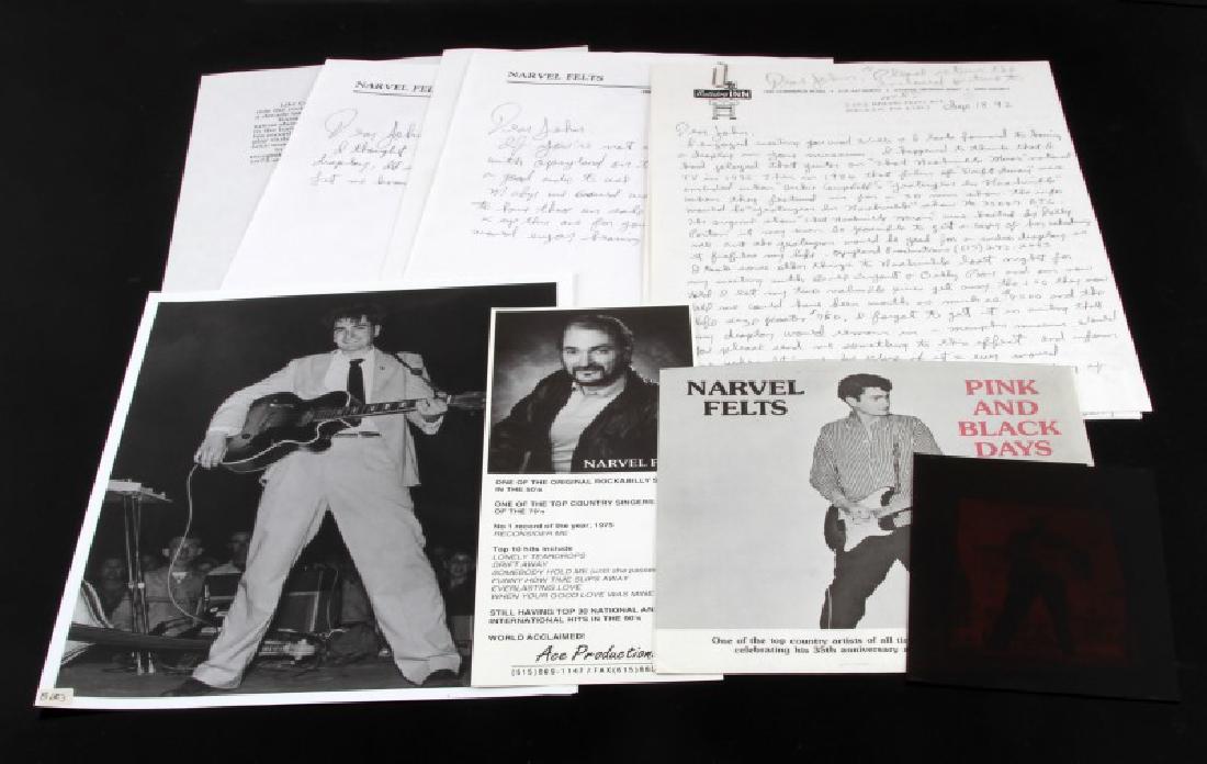 NARVEL FELTS COUNTRY SINGER CORRESPONDENCE LOT: Rare lot of internationally known rockabilly and country singer Narvel Felts contains several detailed, personal handwritten letters by Mr. Felts on letterhead, a promo slick, a photo negative of an e