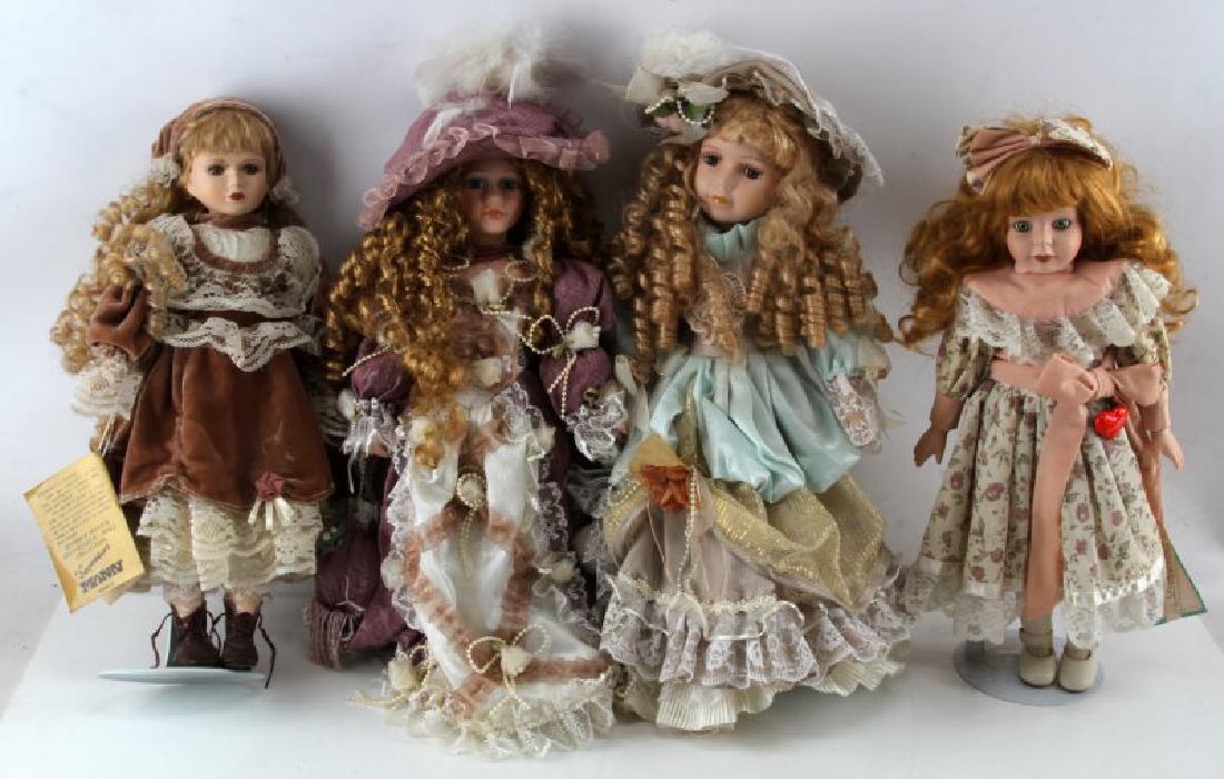 ASSORTED PORCELAIN DOLL LOT MANN CATHAY CHANTELL: lot includes stamped Chantell 800099 with stand. Stamped Seymour Mann Connoisseur collection, Marla, with stand and original tag. Sweetheart doll, Valerie, with pin, stand and tags. Stamped Cathay Col