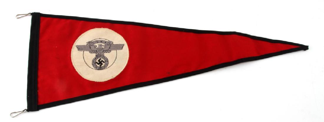 WWII GERMAN THIRD REICH NSKK MOTOR CORPS PENNANT: Measures 21 inches by 8 inches. Has some discoloration and stains. Unauthenticated sold as is. This lot has a reserve.