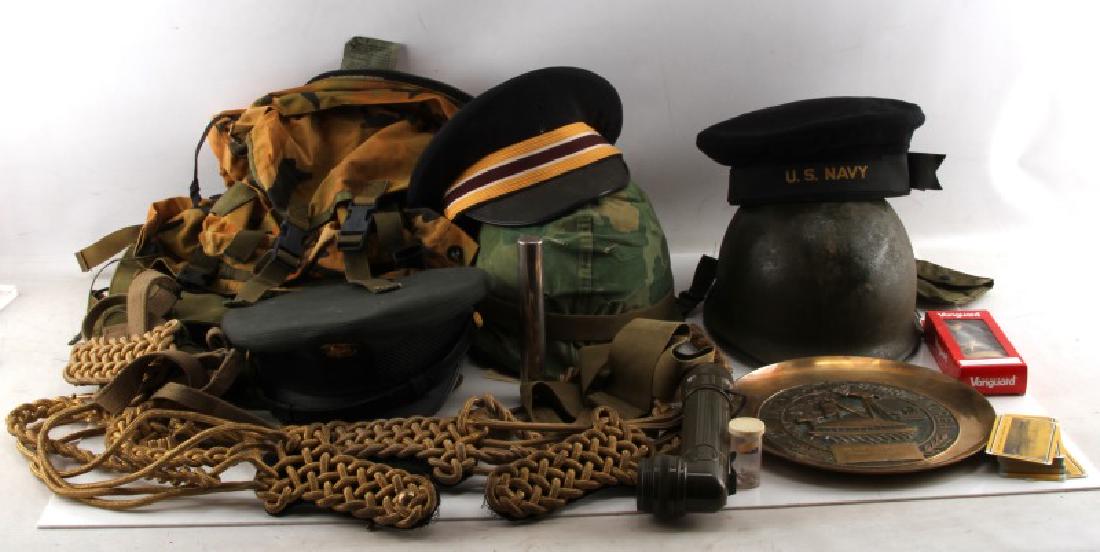 LARGE LOT OF MIXED MILITARY CONFLICT COLLECTIBLES: Large lot of mixed military conflict collectibles. Includes but not limited to Navy caps, Coast Guard helmet, ROTC helmet liner, M1 helmets, shoulder boards, 1984 Thanks Giving Basketball Tournament 2