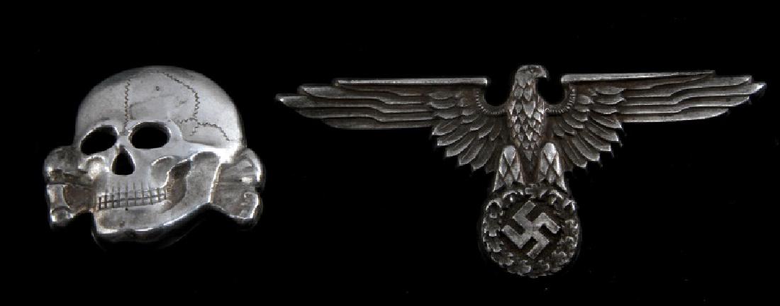 WWII GERMAN 3RD REICH WAFFEN SS VISOR CAP INSIGNIA: Eagle and Totenkopf both marked RZM M1/24. Unauthenticated sold as is. This lot has a reserve.