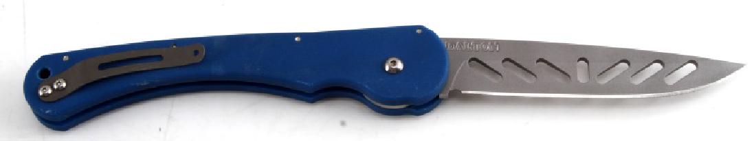 DALTON COMBAT SKUNK STRIPE BATTLECAT KNIFE: Skunk Stripe Battlecat by Rob Dalton features a bead blast blade (blade length 4.875 overall length 11.75 closed length 6.875) with slotted holes. Blue textured G-10 handle with a tip up bead blasted 