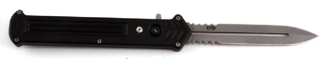 ROB DALTON CUPID MILITIA 11 INCH AUTO KNIFE W CLIP: Dalton OTF automatic knife features a bead blast blade and milled aluminum handle. Fires via push button and retracts by holding the button and moving the slider on the side of the knife. Sliding safe
