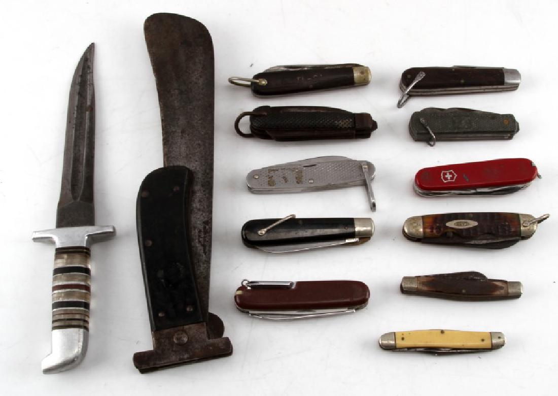 WWII MILITARY JACK SURVIVAL & CIVILIAN KNIFE LOT: Good lot includes Cattauragus Survival machete, 3 TL-29 Jack knives Camillus, Utica and Kutmaster, Marlin spike Naval knife , Camillus 1972 survival, case and others, and a cut down bayonet with Lucit