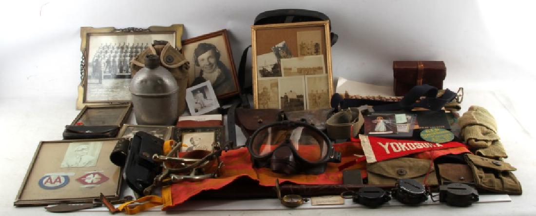 LARGE LOT OF WWII TO VIETNAM MILITARY COLLECTIBLES: Big variety to partially include, Goggles, holsters, ammo pouch ephemera, Navy garrison cap, photographs, canteens, Gun manual, field compass lot, swagger stick, and more