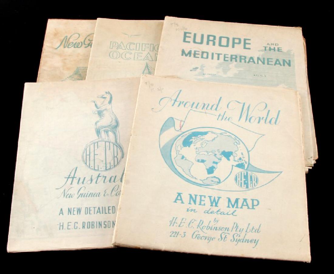 HEC ROBINSON 1940 VINTAGE COLOR MAP LOT OF 5: H.E.C Robinson Pty. Ltd. ca. 1940. Maps of New Guinea, Pacific Ocean, Europe and the Mediterranean, Australia New Guinea and the Coral Sea along with Around the World. Most have weaken fold lines and 