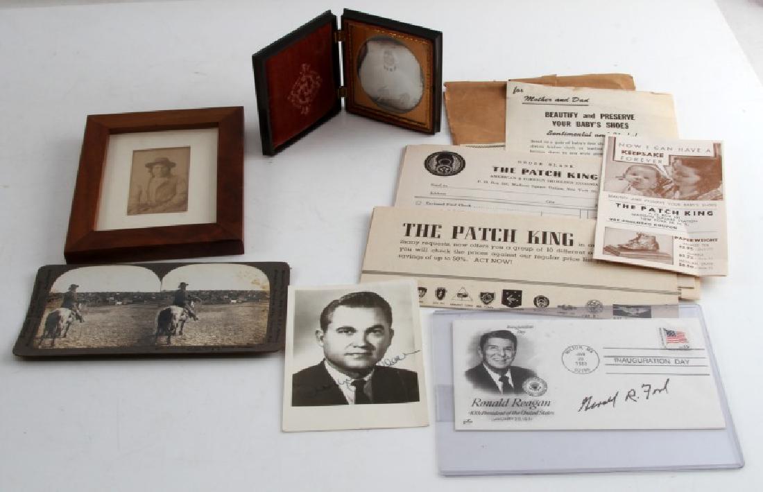 COLLECTIBLE LOT STEREOSCOPE REAGAN WALLACE MORE: Assorted lot includes one: Keystone View Company "Sherman Ranch" stereoscope stereo card, 5 x 3.5 inch photo of late Alabama Governor George Wallace (unauthenticated), Ronald Reagan "Inauguration Day 