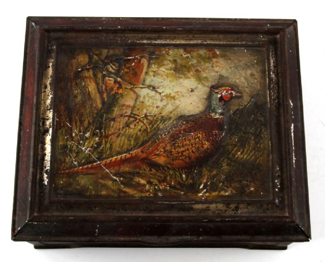 VTG HUNTER & PALMERS QUAIL BISCUIT TIN BOX: Vintage Hunter and Palmers Quail Biscuit Tin Box. Quail is pictured on the lid as well as a stencil outline pattern on the sides. It measures 8x6 1/2x3 1/2. Good condition.