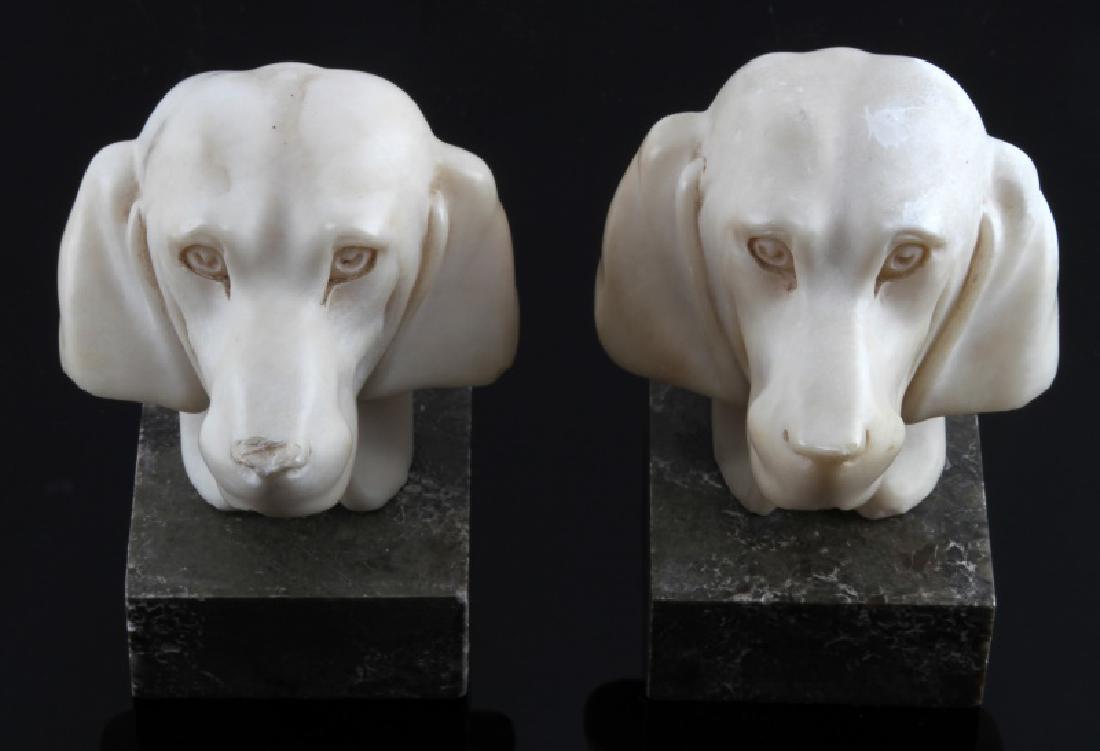 SOAPSTONE DOG BOOKENDS LABRADOR RETRIEVER: In fair to good condition with tip of nose on one dog damaged, some minor chipping and loss of finish. Adhesive between stand and dog figure is gone, needs reattachment.
