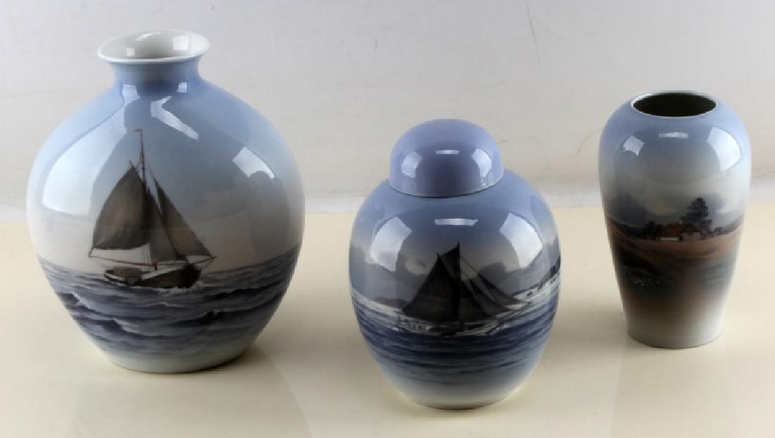DANISH PORCELAIN HANDPAINTED ROYAL COPENHAGEN: Lot of 3 hand painted Danish porcelain pieces, each signed on bottom: Denmark Copenhagen 128-2 76S (7 3/8 inch height), Denmark B&G 8779-506 (9 1/2 inch height), Royal Copenhagen Denmark ginger jar 28