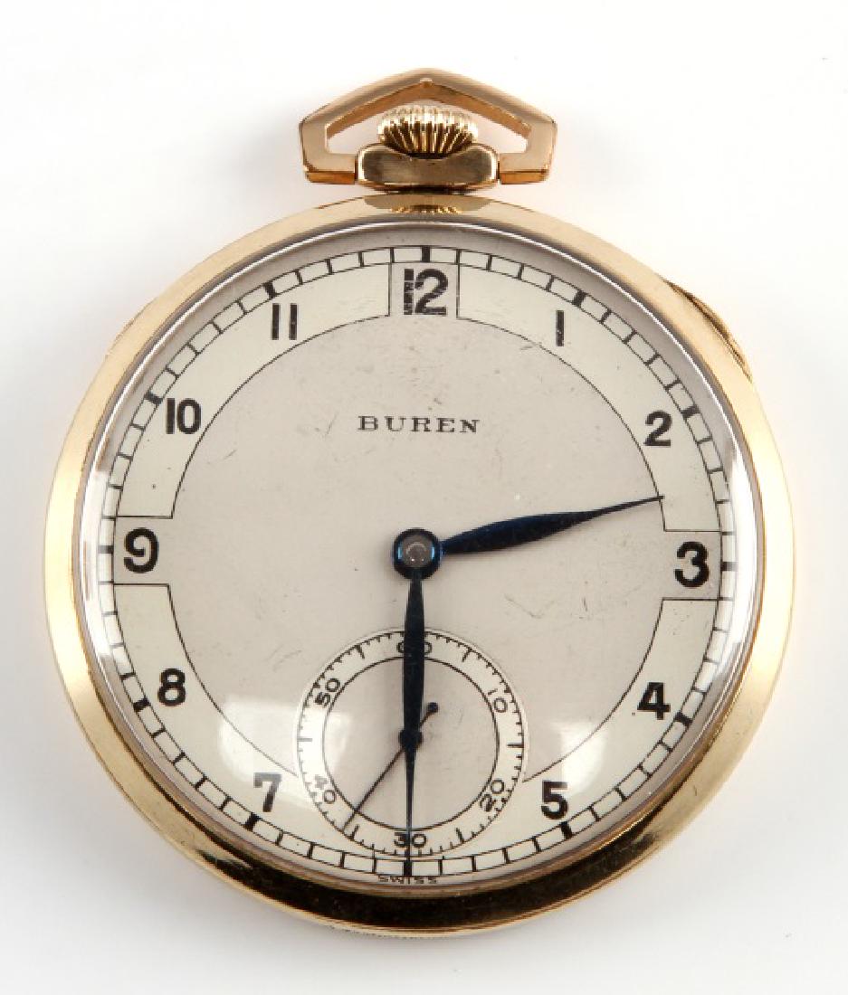 BUREN OPEN FACED ROLLED GOLD POCKET WATCH: 1 7/8 inch diameter. Clear crystal with a few light feather scratches. In good working condition.