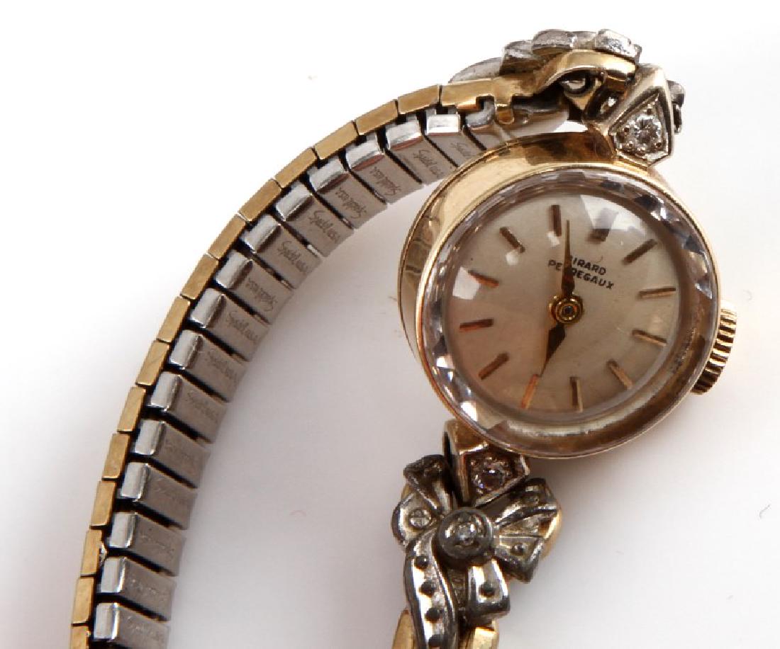 14K WOMENS GERRAD PERREGAUX MANUAL WIND WATCH: Watch face is approx. 1/2 inch diameter. Flexible band. Stamped "14K Gold" on reverse. Some light sticker residue on back. Watch runs well and is in very good condition. This lot has a reserve.
