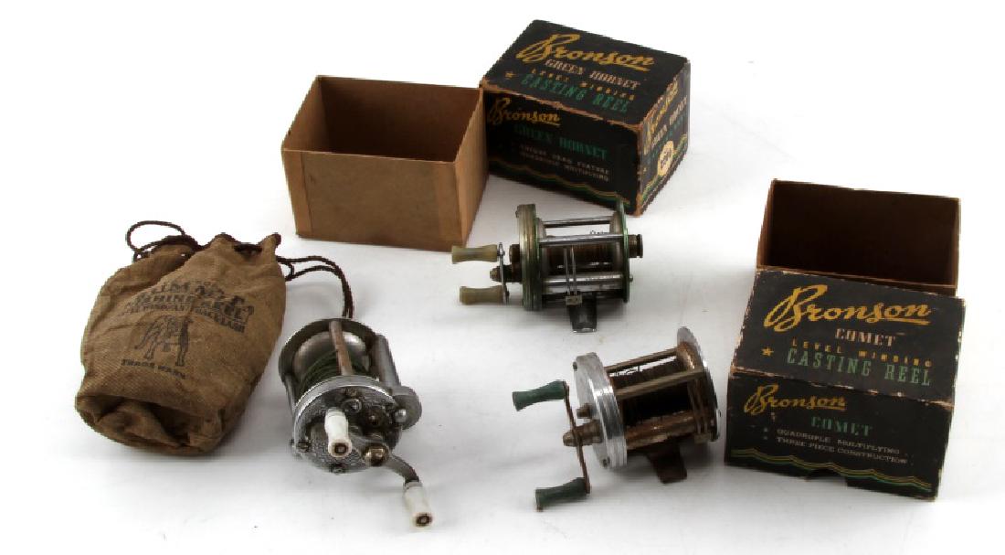 SUMMIT & BRONSON REEL IN ORGINAL BOX LOT OF 3: Pflueger Summit fishing reel, No. 1993L good working condition. Bronson Comet casting real No. 2400 good working condition. Bronson Green Hornet casting reel No. 2200 good working condition.
