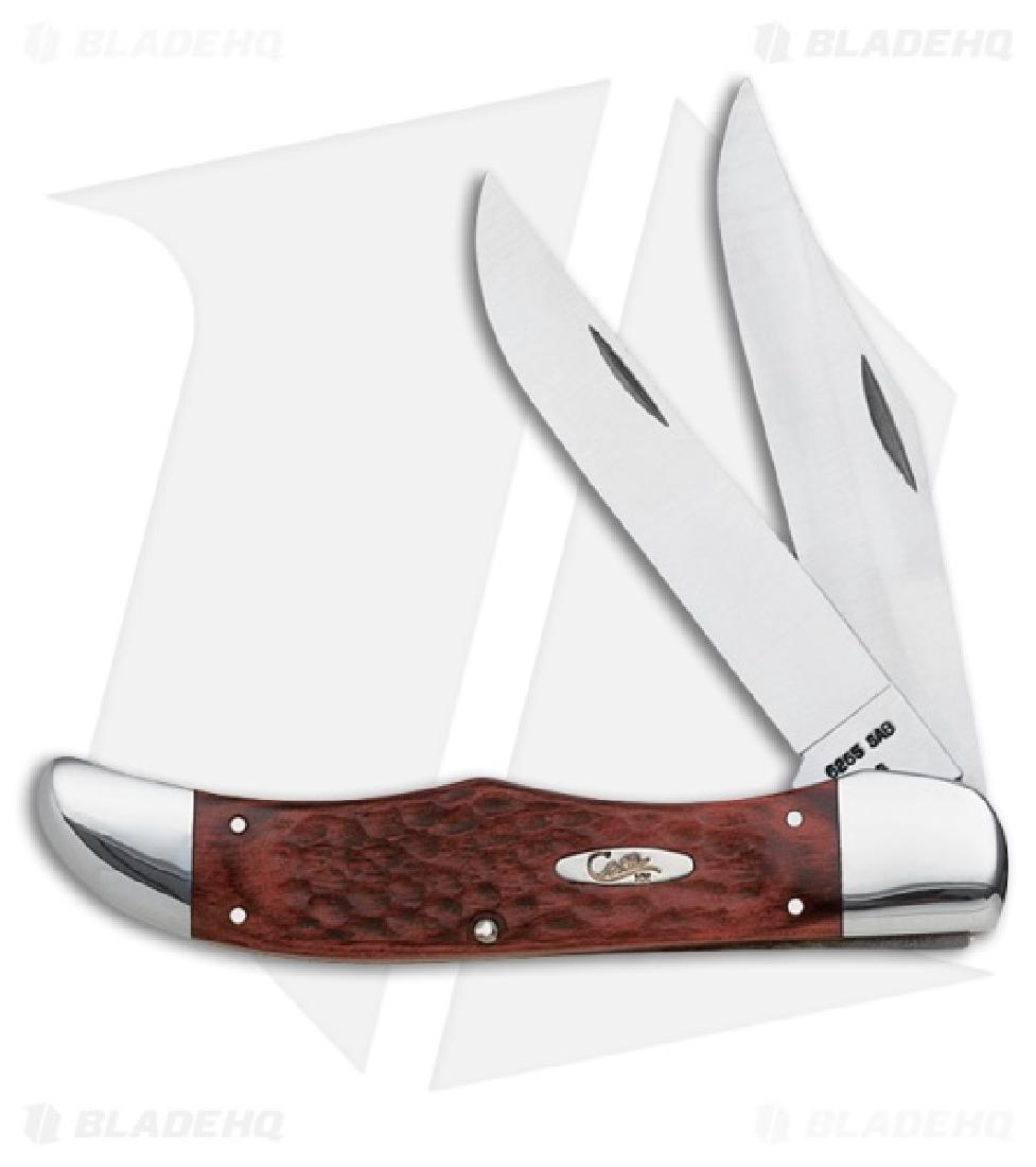 WORKING FOLDING HUNTER CASE KNIFE: Working folding hunter case knife. Brand new in very good condition. 5 1/4 inches open and 13.3 centimeters closed. Standard jigged rosewood handle comes with leather sheath.