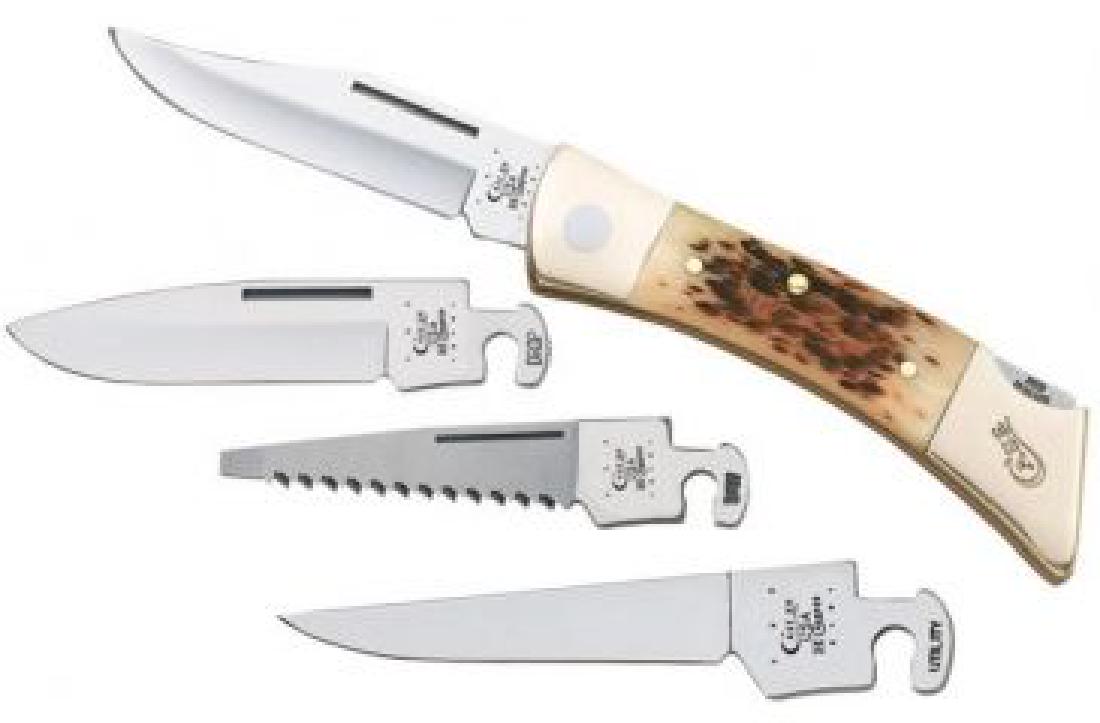 CASE LOCKBACK AMBER BONE HUNTER KNIFE W SHEATH: Case lockback Amber bone Hunter knife. Also included is the leather sheath with 3 blades inside. Brand new in box. No. 00050.