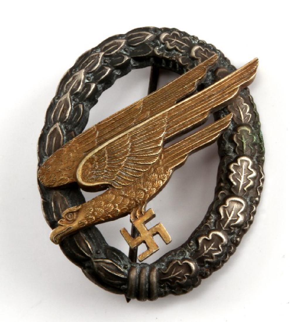 WWII GERMAN 3RD REICH LUFTWAFFE PARATROOPER BADGE: In very good condition with a straight vertical pinback. The reverse is stamped with an A. Unauthenticated sold as is.
