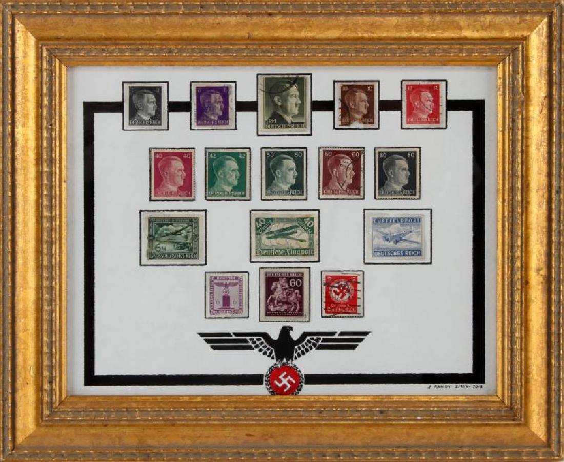 FRAMED 16 GERMAN WWII STAMP LOT W ORIGINAL ART: SIXTEEN (16) framed German Third Reich stamps with original mounting art by local artist J. Randy Smith. Framed item measures approximately 12.5 x 10.5 inches.