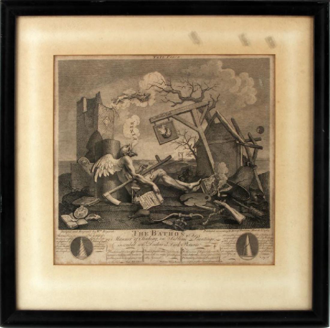 18TH CENTURY ENGRAVING BY HOGARTH THE BATHOS: Dated March, 3rd 1764. Designed and engraved by William Hogarth. Titled "The Bathos, Manner of Sinking, in Sublime Paintings inscribed to the Dealers in Dark Pictures". In good condition with some ove