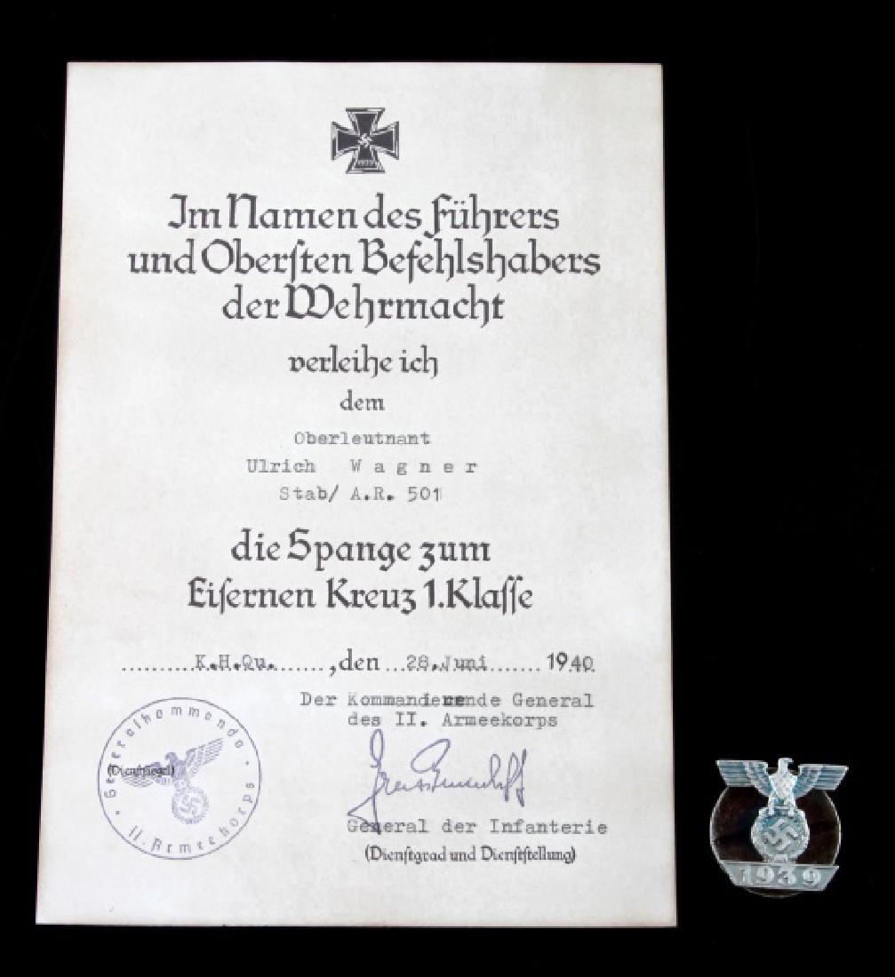 GERMAN WWII CLASP FOR IRON CROSS W DOCUMENT: Clasp for Iron Cross 1st Class and accompanying document. Clasp has makers marks and some expected age wear. Some light foxing around edges of document. Unauthenticated. Sold "as is". This lot has a r