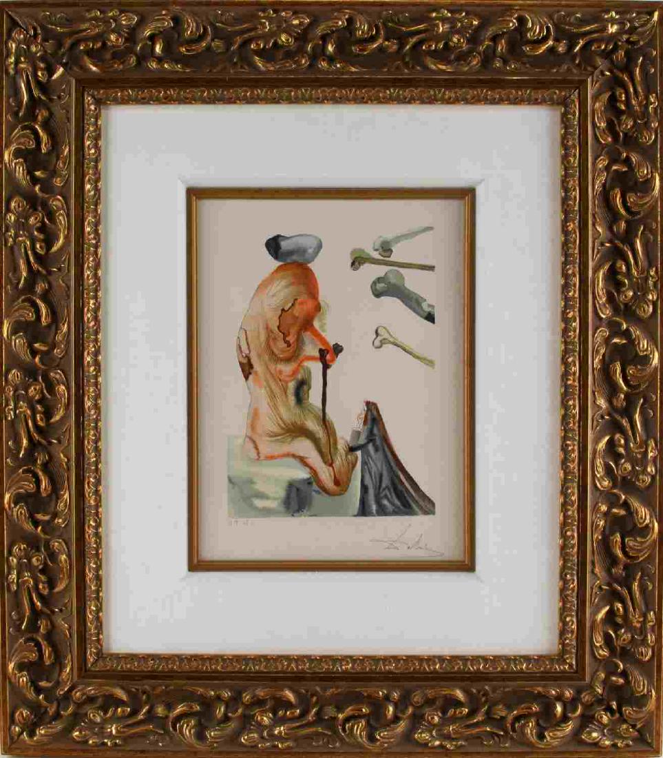 SALVADOR DALI INFERNO 18 PENCIL SIGNED W COA: Wood engraving in color on Rives paper. Hand signed in pencil by Dali, with COA, on November 24, 1974, Paris. Blind stamped by editor and director of Les Heures Caires, Mr. Jean Estrade, lower left ma