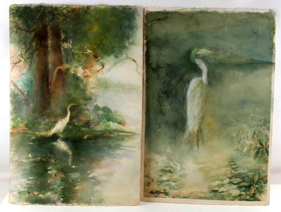 FLORIDA WHITE EGRET HERON PAINTING BY ALICE SCOTT: Signed watercolor by Alice Scott Scanland (1925-2005) American artist known for her Black Americana and Florida Wildlife paintings. Both paintings measure 22 by 15 inches.