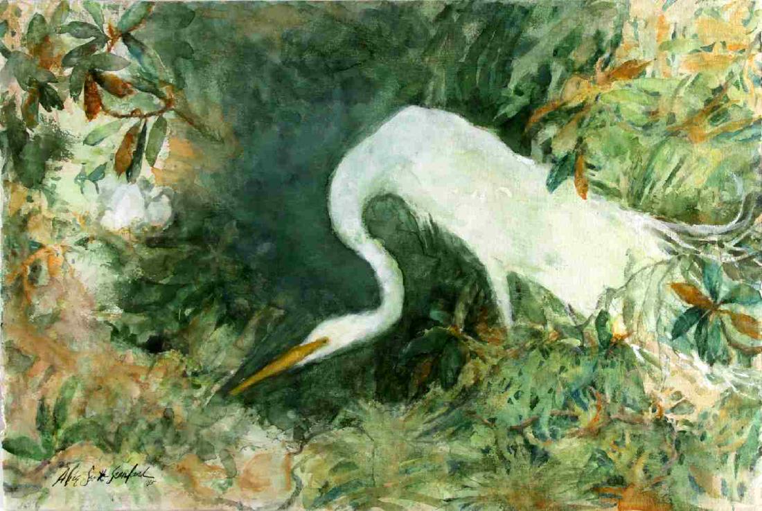 FLORIDA EGRET HERON WATERCOLOR BY ALICE SCOTT: Alice Scott (1925-2005) American artist began her career as an in Charleston South Carolina and later moved to the Florida Panhandle and was an avid painter of the Florida Egret. Measurements are 22 b