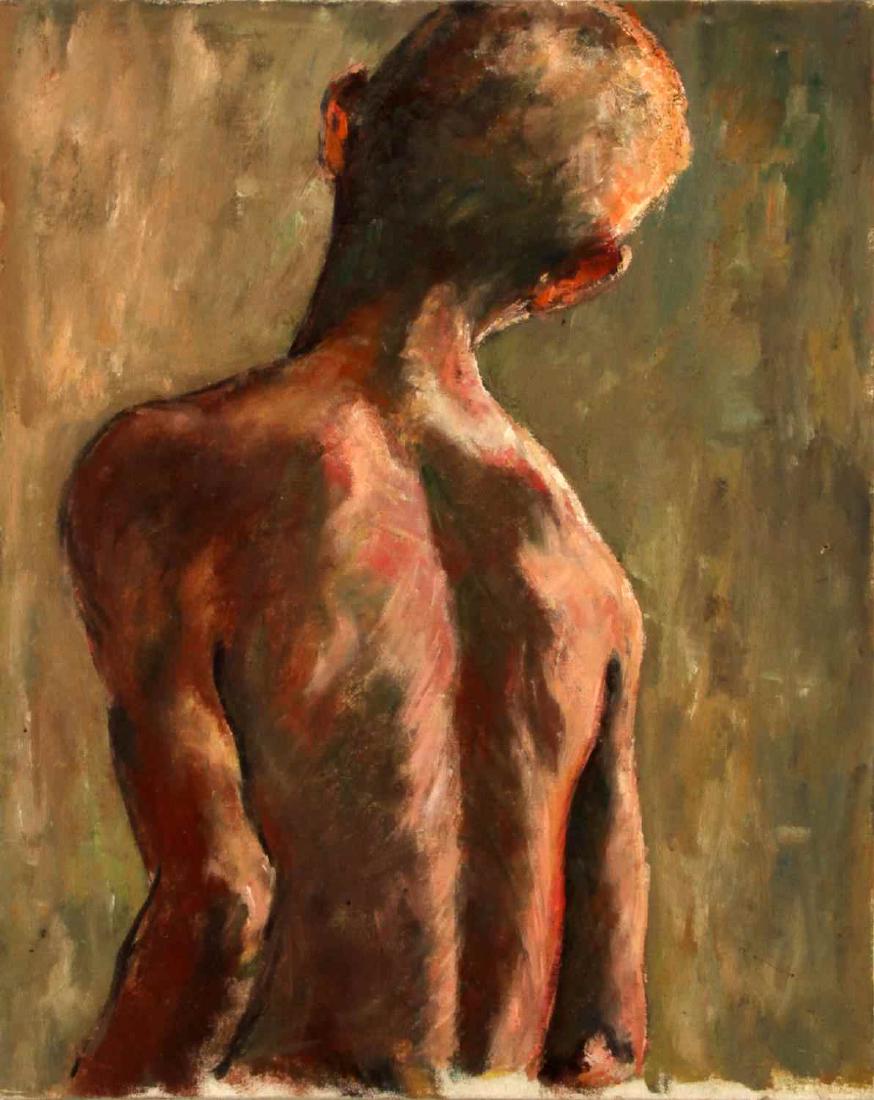 1956 ALICE SCOTT OIL ON BOARD PAINTING MALE YOUTH: Alice Scott (1925-2005) American artist, best known for her Flower Peddlers of Charleston, steps away from her watercolors in this oil painting of a male youth that captures a certain subtlety of ligh